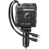 24hShop XO Autolaturi, jossa 1xUSB, 1xUSB-C 104W, jossa on sisäänrakennettu USB-C- ja Lightning-kaapeli