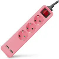 Entac Jatkojohto 3 pistorasiaa +2USB 1,5m 16A kytkimellä, pinkki