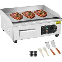 Vevor sähköinen paistolevy, 450 x 300 mm, 2800 W, 50–300 °C säädettävä lämpötila, ruostumattomasta teräksestä valmistettu tasainen grillilevy, 2 lastaa, 2 harjaa ja 4 jalkatyynyä, pihveille ja pannuka