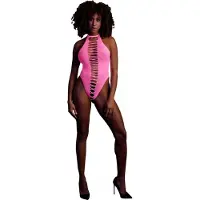Ouch! - UV-valossa hohtava halterneck-body, pinkki, joustava, seksikäs, leikkisä
