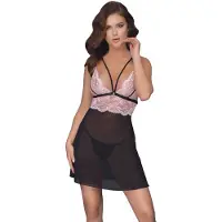 Cottelli collection Pitsinen babydoll - Musta/Pinkki