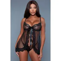 Vuxen Emma Polka Dot Mesh Babydoll Black