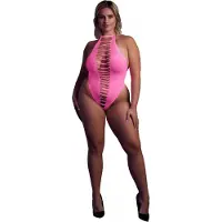 Ouch! - UV-valossa hohtava halterneck-body, neonpinkki, Plus Size