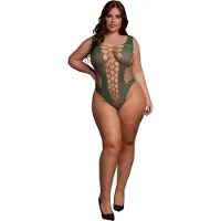 Le Désir Green V-Neck Teddy with Opaque Panels - plus Size