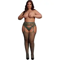 Le Désir Green Fishnet and Lace Garterbelt Stockings - plus size