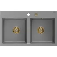 Mexen Hektor graniittinen 2-tilainen pesuallas 800 x 480 mm, harmaa, kultainen sifoni - 6521802000-71-G