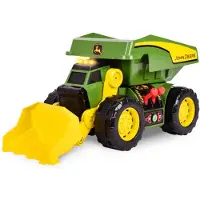 John Deere 18 2-N-1 Dig Rig -lelukumppiauto ja etukuormaaja valoilla, äänellä ja moottorilla sekä kahdella joystick-ohjaimella, erittäin suuri ra