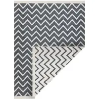 Rugsx Matto TWIN 23002 ZigZag, puuvilla, kaksipuolinen, Ekologiset hapsut - antrasiitti / kermanvärinen