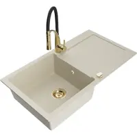 Mexen Leo Graniittinen 1-allas keittiöallas valuttimella ja keittiöhanalla Aster, beige - 6501-69-73450-57-G