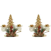 Melitt 2PCS Gold Christmas Tree Pillar Candle Holder with Berry & Pine Nut Candle Holder for Holiday Desktop Decor Metal Decor
