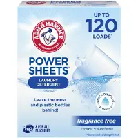 Arm & Hammer Power Sheets Pyykinpesuaine Hajusteeton 60ct jopa 120 pientä täyttöä