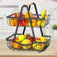 Jojomino Kaksikerroksinen hedelmäkori puisella kahvalla Monitoiminen säilytysteline pöytätasoinen järjestäjä Heavy Duty Metal Fruit