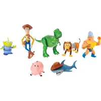 Mattel Disney ja Pixar Toy Story 7 toimintahahmon setti, jossa Woody, Slinky Rex, Hamm, Alien Rocky ja Shark. Disney 100 -ker ilyesineet.
