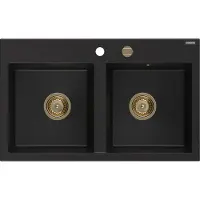 Mexen Hektor graniittinen 2-osainen tiskiallas 800 x 480 mm, musta, kultainen sifoni - 6521802000-77-G