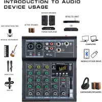 Jojomino Ammattimainen digitaalinen DJ-mikserikonsoli 4-kanavainen ääni USB-portilla Tukee Bluetooth-yhteyttä toistoa musta