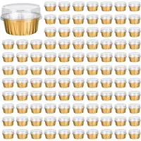 Spactz Jälkiruokakupit kannellisilla, 250 Pack Gold -alumiinifolioleivontatelineet, Cupcake Bake Utility Ramekin Clear Pudding
