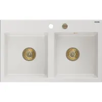 Mexen Hektor Graniittinen 2-allas keittiöallas, 800 x 480 mm, valkoinen, kultainen sifoni - 6521802000-20-G
