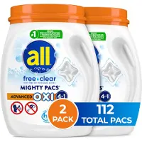All Mighty Pacs Pyykinpesuaine OXI-tahranpoisto- ja valkaisuaineilla Ilmainen kirkas 56 kpl pakkaus, yhteensä 2 112 kappaletta