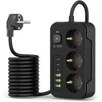 Tech-Protect PC3X6 pistorasia - 3 USB-A & 3 USB-C-porttia ja 3 pistorasiaa, 200cm - musta