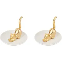 Semoic 2X Cats Posture Ring Holder Golden Kitty Tail Dish Jewelry Tray Ring Round Dishes Trinket Tray Ceramic Jewelry Storage