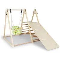 Hobby Hall Costway 4-in-1 kiipeilyteline vauvakeinulla, lepotasolla, kiipeilyrampilla ja tikkailla Montessori-kiipeilysetti, luonnonvärinen