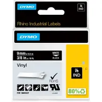 Dymo Rhino Industrial -tarranauha, 9 mm x 5,5 m, valkoinen mustalla pohjalla