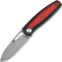Kansept Knives Mato Damascus kääntöveitsi, Twill CF/Red and Black G-10