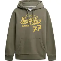 Superdry for man. M2014353A Leather & Boot Co Script dark khaki hoodie (M), Casual, Green, Cotton