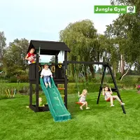Jungle Gym Leikkitornikokonaisuus Casa 2.1, Mustaksi Petsattu, Ja 2-swing Module 220 Ja Tummanvihreä Liukumäki