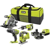 Ryobi 4 työkalua: 1 porakone/ruuvinväännin + sahat (pistosaha, pyörösaha ja puukkosaha) + 2 akkua 4 Ah ja 2 Ah + 1 laturi ja kantolaukku
