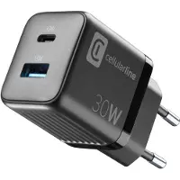 Cellularline Multipower Micro GaN - USB-C- ja USB-A-virransyöttö 30 W:n seinälaturi (musta)