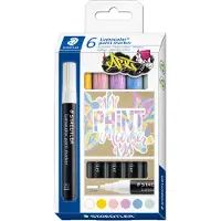 Staedtler Lumocolor 349 C6-1, Valikoidut värit, Monivärinen, 6 väriä, Vesipohjainen muste, 2,4 mm, Pahvi, Keraaminen, Lasi, Metalli, Muovi, Kivi, Puu