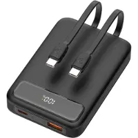 Deltaco – Power bank 10 000 mAh, 2x USB-C cables built-in, PD 20 W, black (PB-CC100)