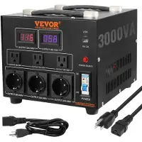 Vevor -jännitemuuntaja, 3000 VA, tehokas jännitteensäädin, muuntaa 110 voltista 220 volttiin ja 220 voltista 110 volttiin, US-pistorasialla ja EU-pistorasialla, 5 V:n USB-portilla, CE-sertifioitu