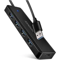 Axagon 4-porttinen USB-A-hubi, USB 3.2 Gen1, lisävirtaliitäntä, musta