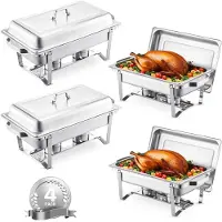 Vevor -lämmitysastian buffet-setti, 8 litran 4 kpl, ruostumattomasta teräksestä valmistettu lämmitin 4 täysikokoisella pannulla, suorakaiteen muotoinen pitopalvelulämmitin kannella, vesipannu, polttoai