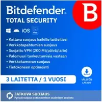 Bitdefender Total Security | 3 laitetta | 1 vuosi | Windows - Mac - Android - iOS