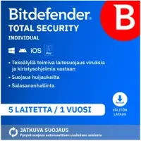 Bitdefender Total Security | 5 laitetta | VPN:llä | 1 vuosi | Windows - Mac - Android - iOS