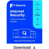 F-SECURE Internet Security for all devices - 1 laite / 12 kk -tietoturvaohjelmisto, ESD - sähköinen lisenssi