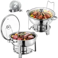Vevor -lämpökupin buffet-setti, 5 litran 2 kpl, ruostumattomasta teräksestä valmistettu lämpökuppi 2 täysikokoisella pannulla, pyöreä tarjoilulämmitin lasikannella, vesipannu, taitettava jalusta, poltt