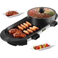 Vevor 2 in 1 BBQ Pan Grill and Hot Pot jakajalla Monitoiminen Teppanyaki Grill Pot, Erillinen kaksinkertainen lämpötilansäätö Sähköinen BBQ Liesi Hot Pot, 5 nopeus sisätiloihin korealaiseen grillaukse