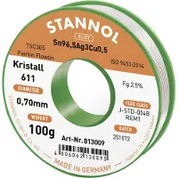 Stannol Kristall 611 Fairtin lyijyttömästä tinasta, Sn96,5Ag3Cu0,5 REM1 100 g 0.7 mm
