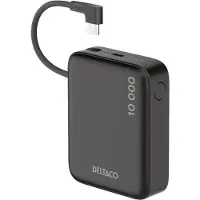 Deltaco 10.000 mAh Powerbank, jossa on sisäänrakennettu kangaskaapeli - Musta