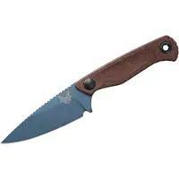 Benchmade Dacian Magnacut Blue Titanium Cerakote veitsi, brown canvas micarta, leather sheath
