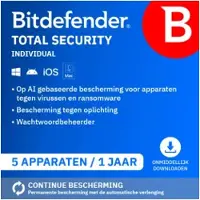 Bitdefender Total Security | vuosilisenssi | sisältää VPN:n | 5 laitetta | aina uusimmat versiot