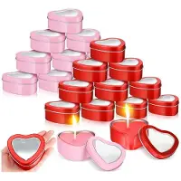 ISTOVO 24Pcs 4Oz Heart Shaped Metal Tins, Empty Tea Light Mold Heart Shaped Box with Clear Window Lids Tin Candle Containers