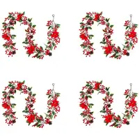 4pcs 6.3FT Red Berry Christmas Garland, Artificial Poinsettia Garland,Christmas Berry Garland with Pine Cones
