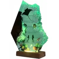Semoic 1pc 3D Ocean Resin Light Night Light with Wooden Base, Green Light Base, Scuba Diver Gift Decoration