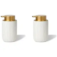 Torribaly 2X Speckled Matte White Ceramic Foam Soap Dispenser, 350ml Refillable Pump with Golden Top, Elegant Foaming Dispenser