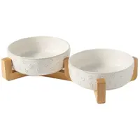 Kepptory Ceramic Pet Bowl with Bamboo Stand Straight-Rim Design Anti-Tipping Bowl for Cats and Dogs (Food or Water)